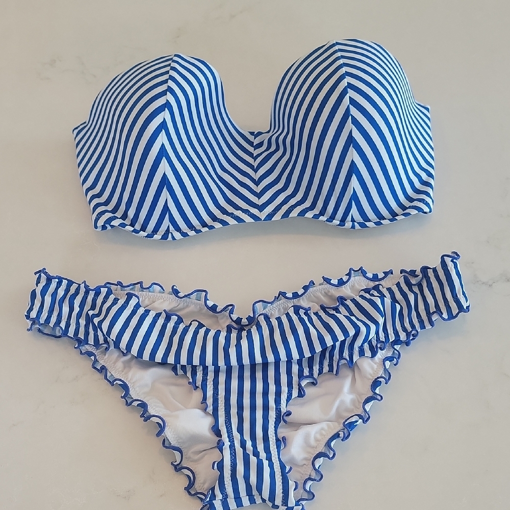 Blue and White Striped Bandeau Bikini Set with Ruffle Trim